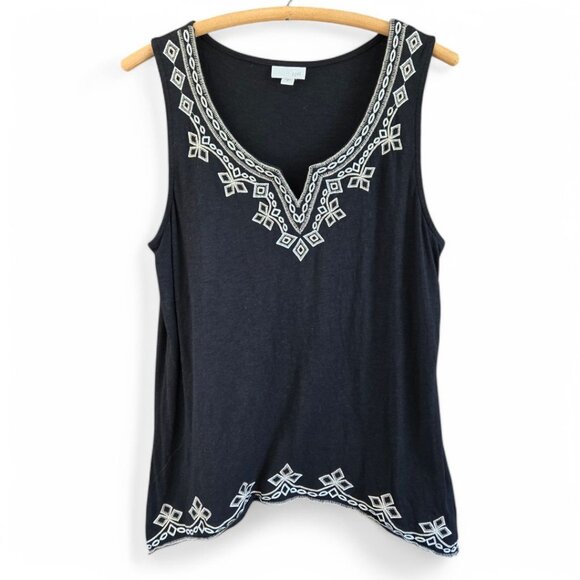 J.Jill Black Sleeveless Embroidered Knit Tank Top Tunic Womens Medium - Picture 1 of 7
